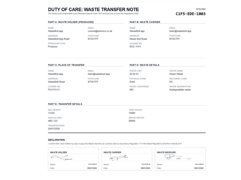 Completed example UK Waste Transfer Note for agricultural plastic wrap transfer